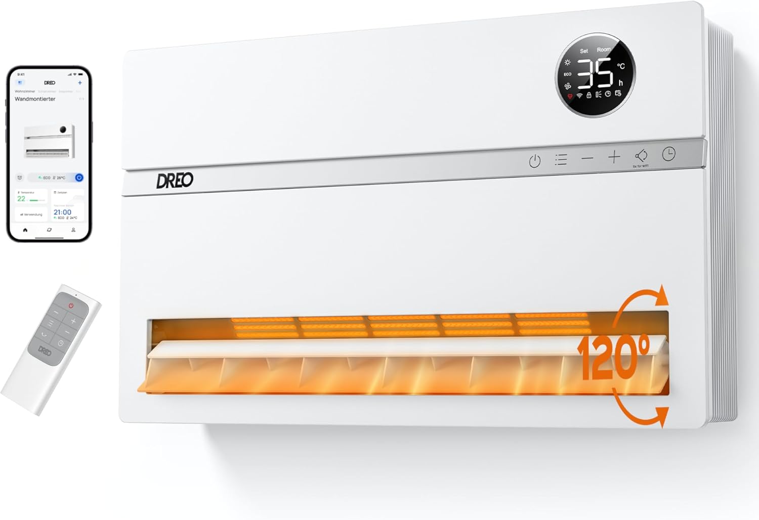 Dreo Smart Electric Heater, 2000 W Electric Heater, Wall Convector with Remote Control & App, 120° Oscillation, 5 Modes, 3 Speeds, 24H Timer, PTC Ceramic Fan Heater, Energy Saving with Thermostat