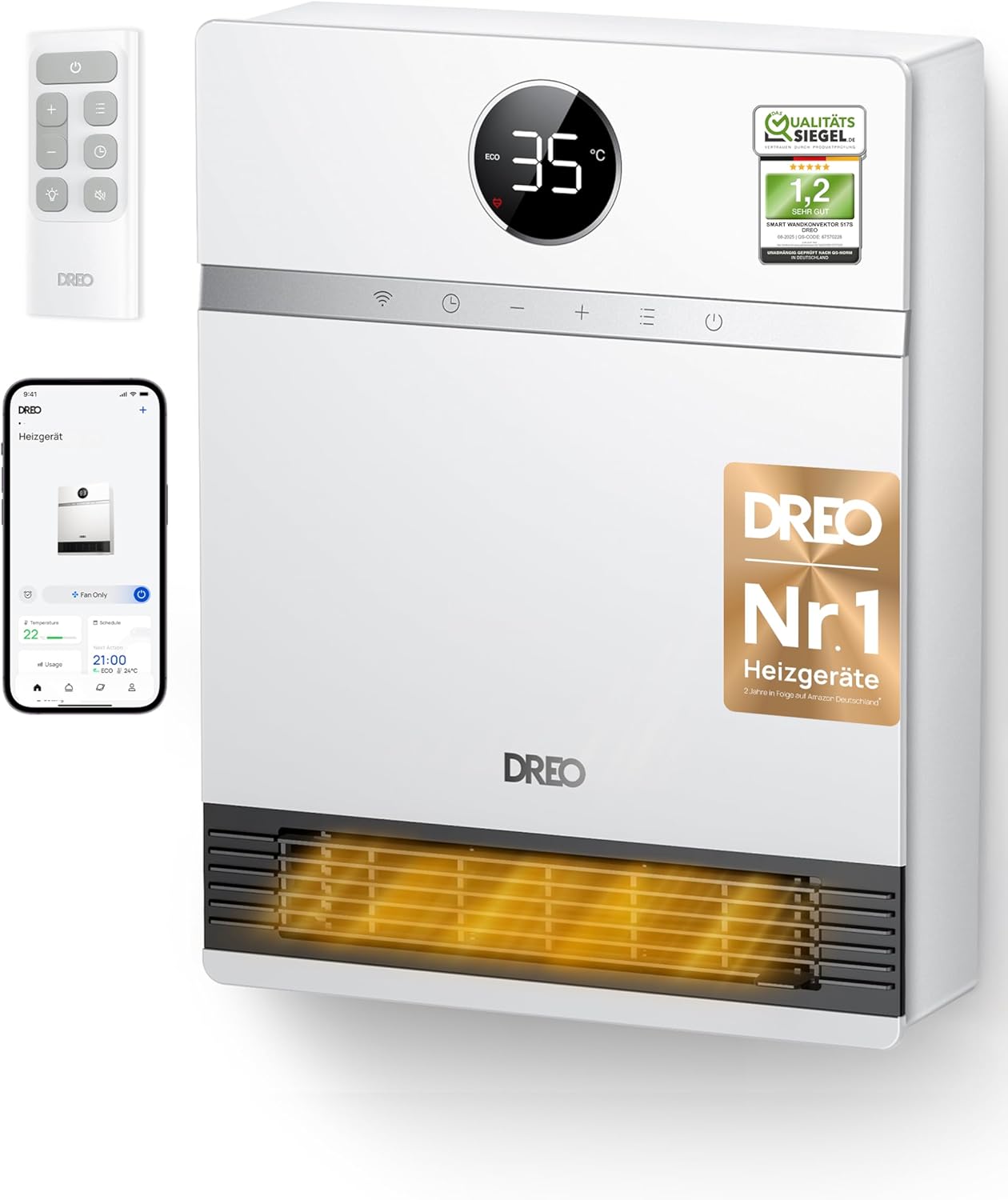 Dreo Smart Wall Convector, 30° Fan Outlet, 2000 W, Adjustable Thermostat, Remote Control, Weekly Timer, Easy to Assemble Heater for Indoor Use, Compatible with Alexa