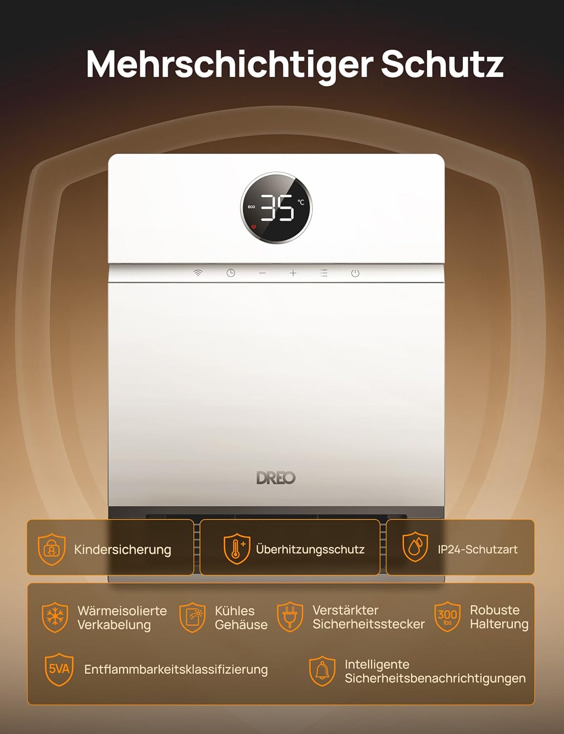 Dreo Smart Wall Convector, 30° Fan Outlet, 2000 W, Adjustable Thermostat, Remote Control, Weekly Timer, Easy to Assemble Heater for Indoor Use, Compatible with Alexa