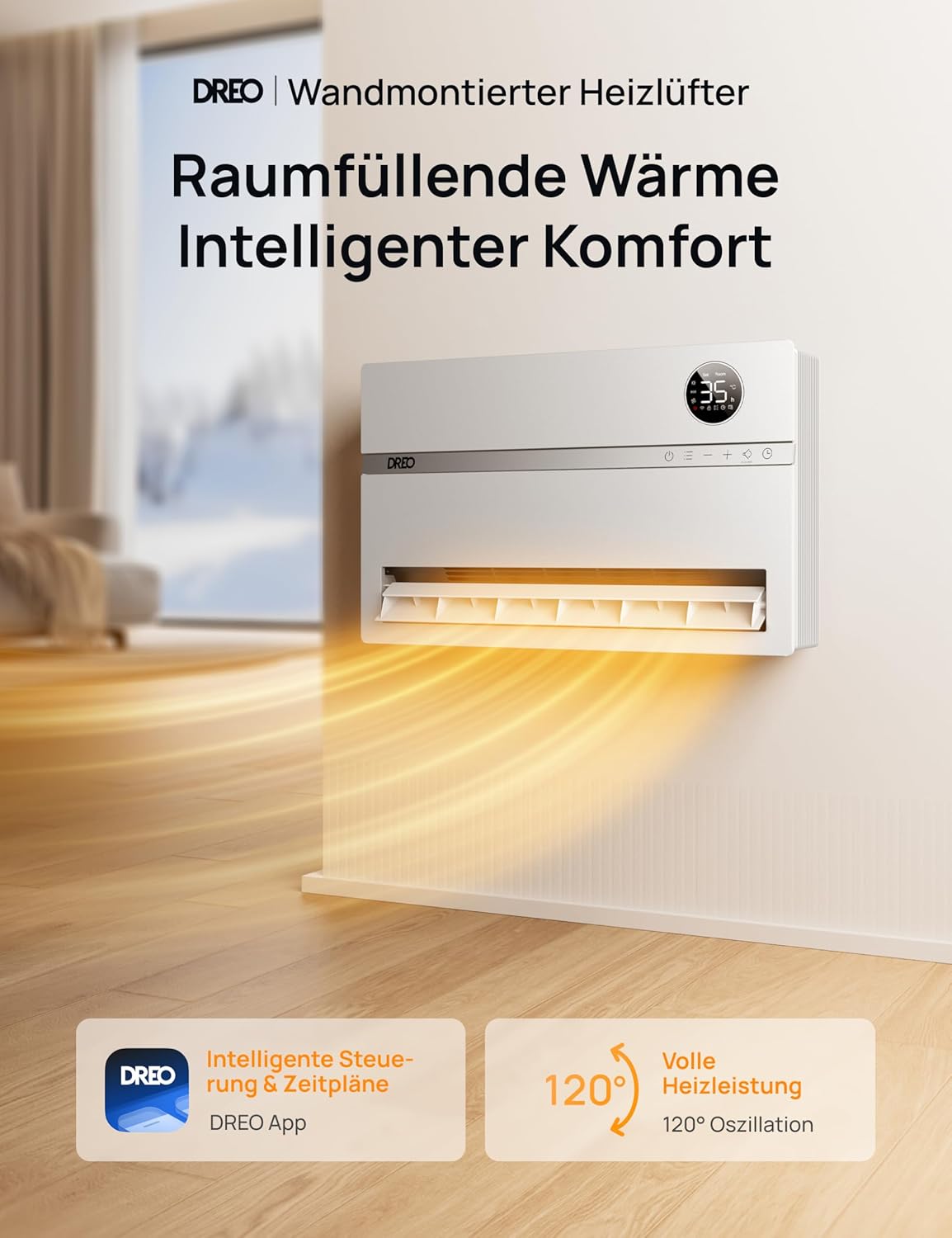 Dreo Smart Electric Heater, 2000 W Electric Heater, Wall Convector with Remote Control & App, 120° Oscillation, 5 Modes, 3 Speeds, 24H Timer, PTC Ceramic Fan Heater, Energy Saving with Thermostat
