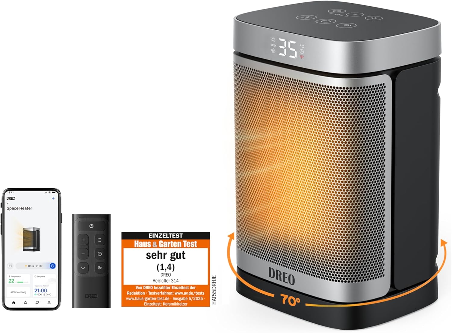Dreo Smarter Heizlüfter Energiesparend Leise, 1500W PTC Kerarmik Heizung mit Thermostat, 3 Modi, 70° Oszillation, WLAN Alexa & Google Assistant Elektroheizung, Überhitzungs-Kippschutz, Heater314S