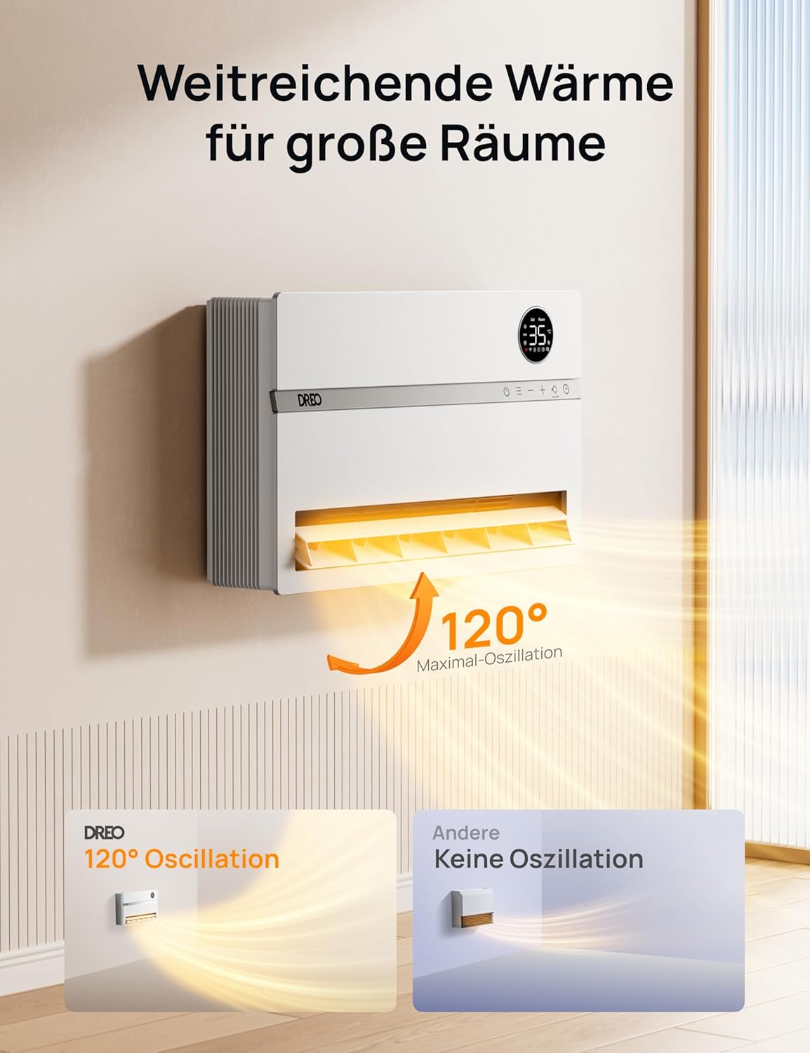 Dreo Smart Electric Heater, 2000 W Electric Heater, Wall Convector with Remote Control & App, 120° Oscillation, 5 Modes, 3 Speeds, 24H Timer, PTC Ceramic Fan Heater, Energy Saving with Thermostat