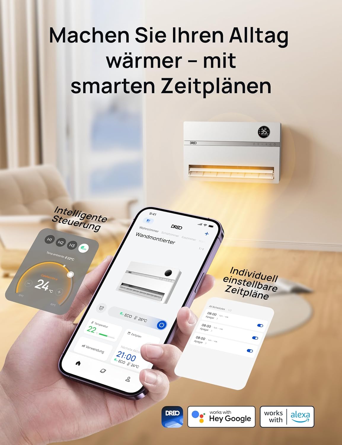 Dreo Smart Electric Heater, 2000 W Electric Heater, Wall Convector with Remote Control & App, 120° Oscillation, 5 Modes, 3 Speeds, 24H Timer, PTC Ceramic Fan Heater, Energy Saving with Thermostat