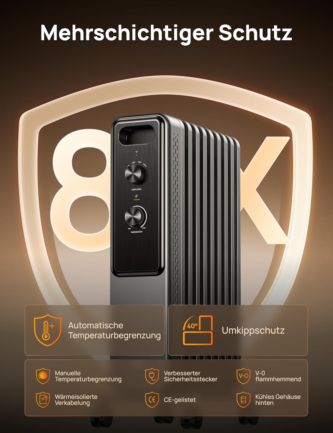 Dreo Ölgefüllter Radiator-Heizkörper mit 9 Rippen, 2000W Leiser Elektrischer Heizstrahler fürs Schlafzimmer, Überhitzungs- & Kippschutz, Einstellbares Thermostat, Kindersicherung, Energiesparend