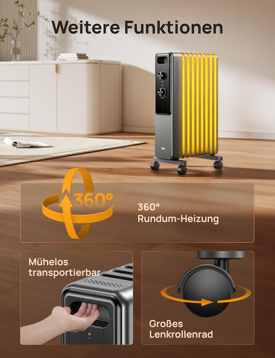 Dreo Ölgefüllter Radiator-Heizkörper mit 9 Rippen, 2000W Leiser Elektrischer Heizstrahler fürs Schlafzimmer, Überhitzungs- & Kippschutz, Einstellbares Thermostat, Kindersicherung, Energiesparend