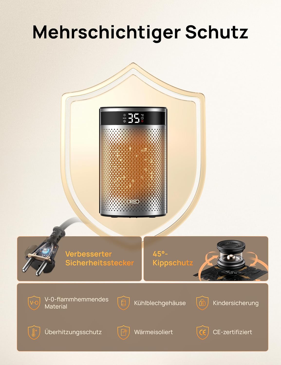 DREO Keramik Heater 416, 1500W Elektroheizer fürs Schlafzimmer, freistehend,Überhitzungs- und Kippschutz,einstellbarer Thermostat, Kindersicherung,energiesparend, leise,12-Stunden-Timer,mehrere Modi