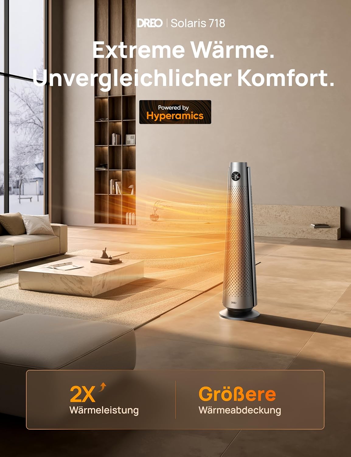 Dreo Heizlüfter Energiesparend, 2000W Elektrische Heizung mit Fernbedienung, 25 dB Leise,120° Oszillation, Thermostat, 5 Heizstufen & 3 Lüfterstufen, 7-facher Schutz, 12H Timer, PTC Keramik Heizlüfter