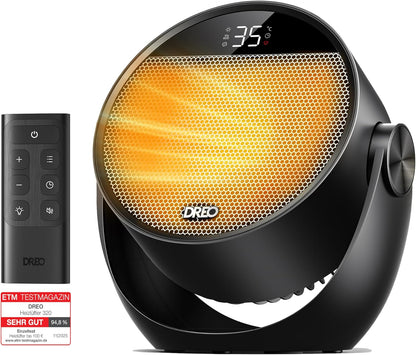 Dreo Heizlüfter Energiesparend Klein, Leiser 1500W Tragbar Heizlüfter mit Fernbedienung, Thermostat, 60° Neigbar, 8 Sicherheitsfunktionen, PTC-Keramik,12-Std-Timer, 3 Modus 3 Geschwindigkeit, Schwarz