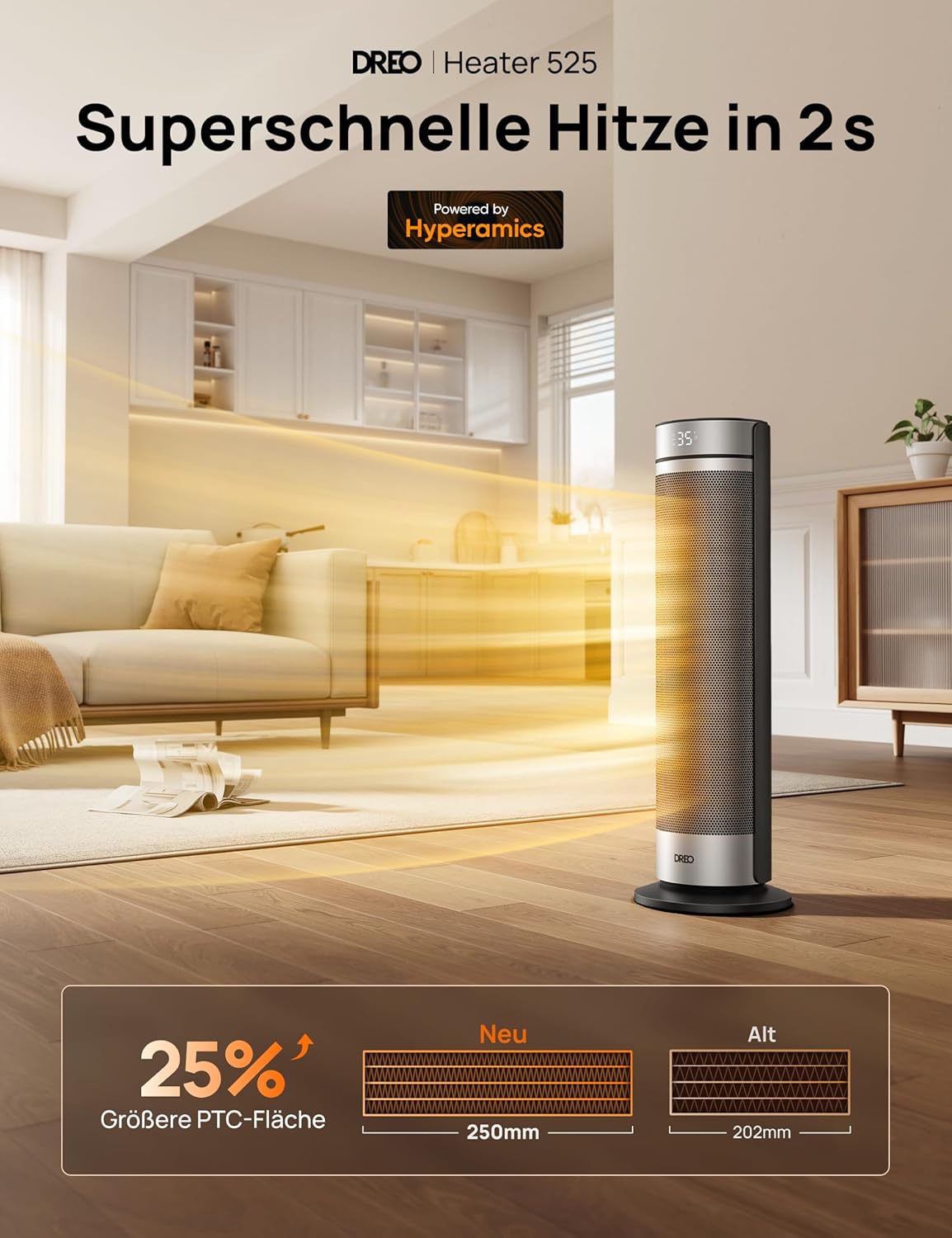 Dreo 23 Zoll Heizlüfter, 2000W Leiser Elektrischer Heizstrahler fürs Schlafzimmer mit Fernbedienung, 12h Timer, 70° Oszillation, 5 Modi, PTC Keramik mit Thermostat, Heizung für Große Räume, Büro