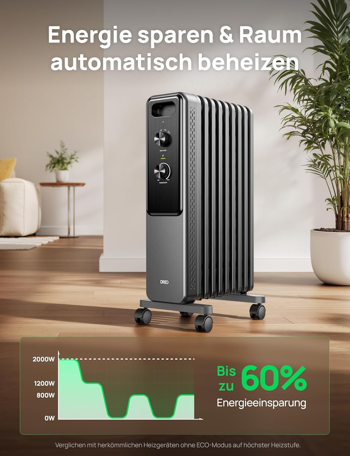 Dreo Ölgefüllter Radiator-Heizkörper mit 9 Rippen, 2000W Leiser Elektrischer Heizstrahler fürs Schlafzimmer, Überhitzungs- & Kippschutz, Einstellbares Thermostat, Kindersicherung, Energiesparend