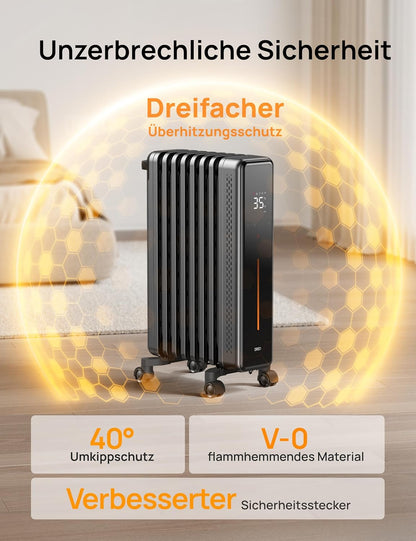 Dreo Ölradiator Energiesparend, 2000W Elektroheizung mit 9 Rippen, 3 Heizstufen, 4 Modi, 24h Timer, Überhitzungs-Kippschutz, Leiser Radiator Heizung Elektrisch mit Thermostat, OH521