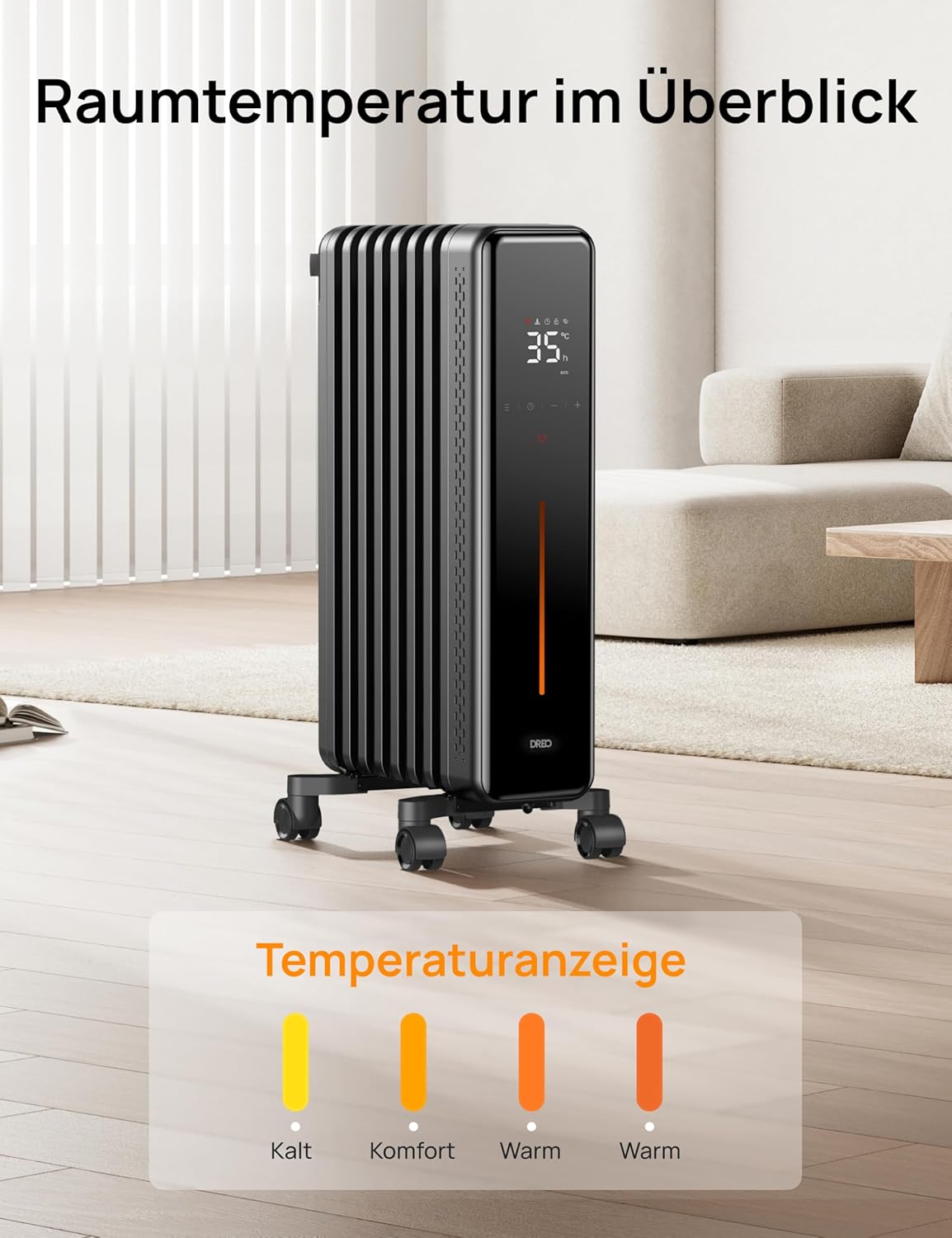 Dreo Ölradiator Energiesparend, 2000W Elektroheizung mit 9 Rippen, 3 Heizstufen, 4 Modi, 24h Timer, Überhitzungs-Kippschutz, Leiser Radiator Heizung Elektrisch mit Thermostat, OH521