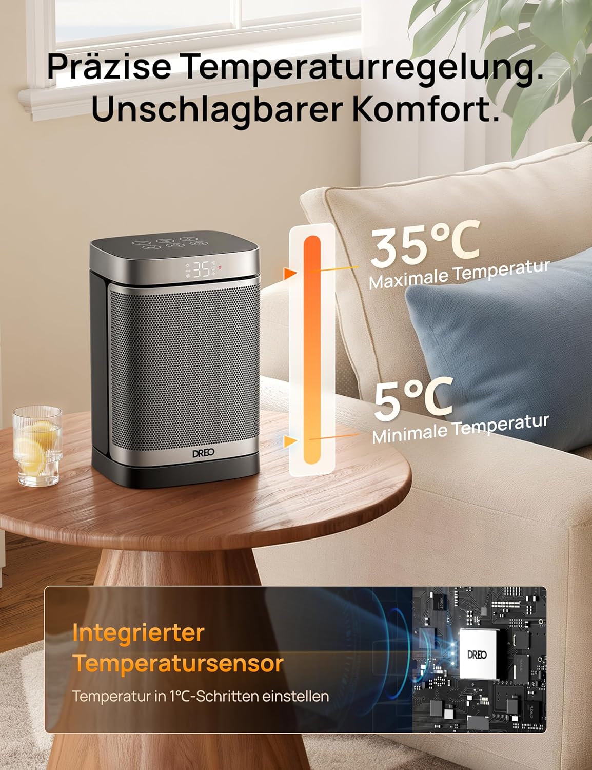 Dreo Smarter Heizlüfter Energiesparend Leise, 1500W PTC Kerarmik Heizung mit Thermostat, 3 Modi, 70° Oszillation, WLAN Alexa & Google Assistant Elektroheizung, Überhitzungs-Kippschutz, Heater314S