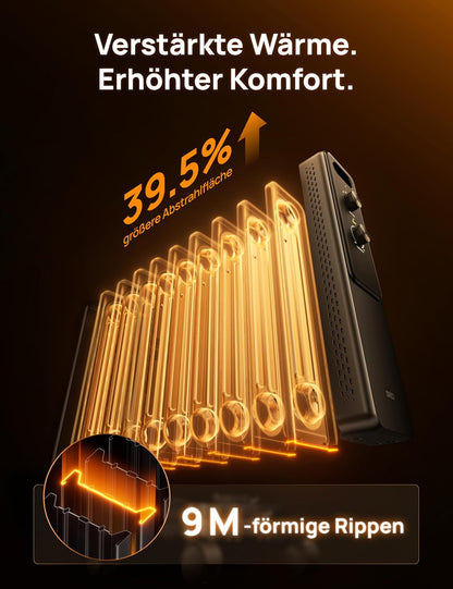 Dreo Ölgefüllter Radiator-Heizkörper mit 9 Rippen, 2000W Leiser Elektrischer Heizstrahler fürs Schlafzimmer, Überhitzungs- & Kippschutz, Einstellbares Thermostat, Kindersicherung, Energiesparend