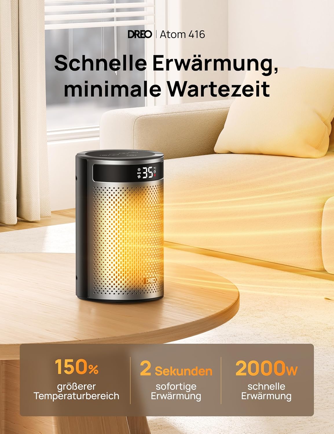 DREO Keramik Heater 416, 1500W Elektroheizer fürs Schlafzimmer, freistehend,Überhitzungs- und Kippschutz,einstellbarer Thermostat, Kindersicherung,energiesparend, leise,12-Stunden-Timer,mehrere Modi