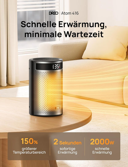 DREO Keramik Heater 416, 1500W Elektroheizer fürs Schlafzimmer, freistehend,Überhitzungs- und Kippschutz,einstellbarer Thermostat, Kindersicherung,energiesparend, leise,12-Stunden-Timer,mehrere Modi