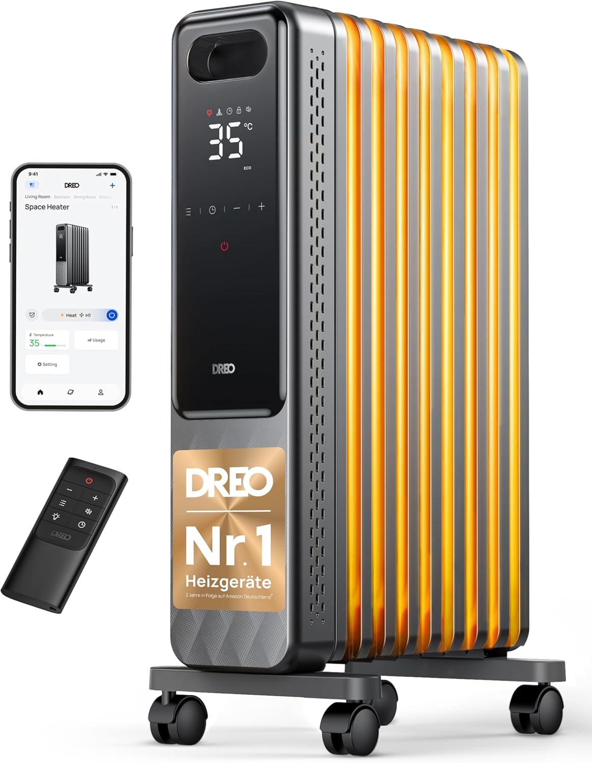 Dreo Ölradiator Energiesparend 2000W, Mobile Elektroheizung 9 Rippen mit Fernbedienung, 3 Heizstufen, 4 Modus, 24h Timer, Überhitzungs-Kippschutz, Radiatoren Elektrisch Heizung mit Thermostat, OH310