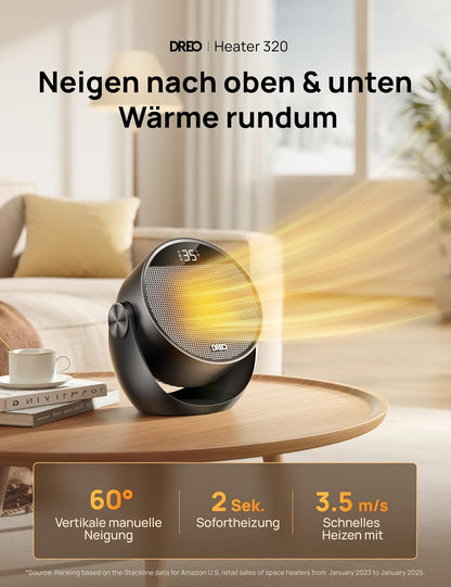 Dreo Heizlüfter Energiesparend Klein, Leiser 1500W Tragbar Heizlüfter mit Fernbedienung, Thermostat, 60° Neigbar, 8 Sicherheitsfunktionen, PTC-Keramik,12-Std-Timer, 3 Modus 3 Geschwindigkeit, Schwarz