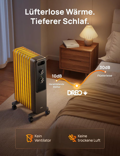 Dreo Ölgefüllter Radiator-Heizkörper mit 9 Rippen, 2000W Leiser Elektrischer Heizstrahler fürs Schlafzimmer, Überhitzungs- & Kippschutz, Einstellbares Thermostat, Kindersicherung, Energiesparend