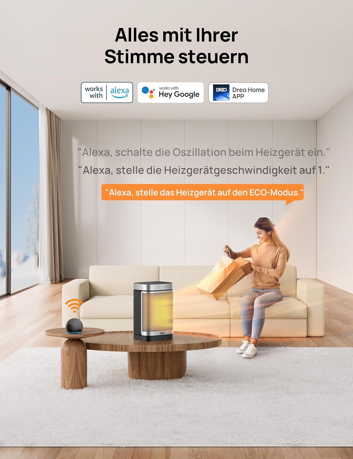 Dreo Smarter Heizlüfter Energiesparend Leise, 1500W PTC Kerarmik Heizung mit Thermostat, 3 Modi, 70° Oszillation, WLAN Alexa & Google Assistant Elektroheizung, Überhitzungs-Kippschutz, Heater314S