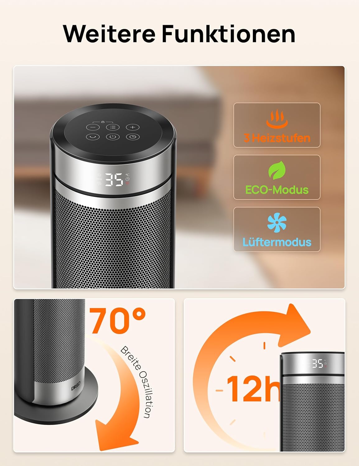 Dreo 23 Zoll Heizlüfter, 2000W Leiser Elektrischer Heizstrahler fürs Schlafzimmer mit Fernbedienung, 12h Timer, 70° Oszillation, 5 Modi, PTC Keramik mit Thermostat, Heizung für Große Räume, Büro