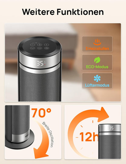 Dreo 23 Zoll Heizlüfter, 2000W Leiser Elektrischer Heizstrahler fürs Schlafzimmer mit Fernbedienung, 12h Timer, 70° Oszillation, 5 Modi, PTC Keramik mit Thermostat, Heizung für Große Räume, Büro