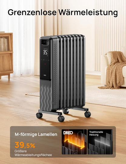 Dreo Ölradiator Energiesparend 2000W, Mobile Elektroheizung 9 Rippen mit Fernbedienung, 3 Heizstufen, 4 Modus, 24h Timer, Überhitzungs-Kippschutz, Radiatoren Elektrisch Heizung mit Thermostat, OH310