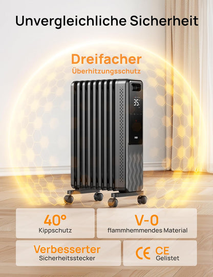 Dreo Ölradiator Energiesparend 2000W, Mobile Elektroheizung 9 Rippen mit Fernbedienung, 3 Heizstufen, 4 Modus, 24h Timer, Überhitzungs-Kippschutz, Radiatoren Elektrisch Heizung mit Thermostat, OH310